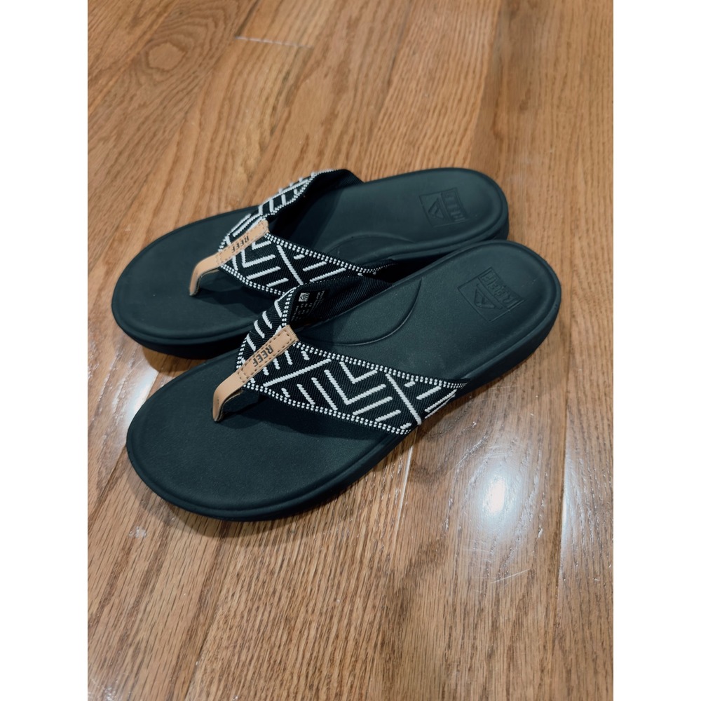 Reef Cushion Cloud Black White Geometric Strap Flip Flop Sandals Womens Size 8